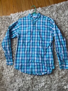 Izod Blue and Teal Plaid Button-Down Shirt
